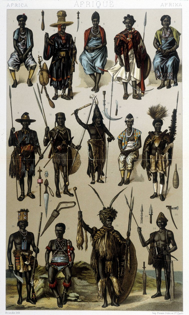 أزياء جينيه والسنغال والجابون. رسم توضيحي في "Le costume historyique" بقلم Racinet بواسطة ألبرت تشارلز أوغست راسينت