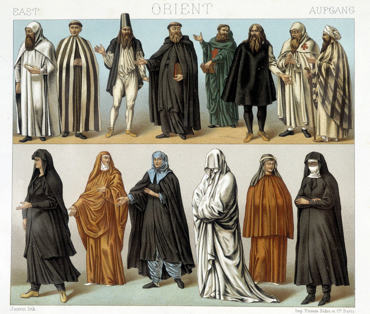 أزياء الرهبان والمتدينين في الشرق الأوسط في القرن التاسع عشر. رسم توضيحي في "" Le costume historyique "" لـ Racinet بواسطة ألبرت تشارلز أوغست راسينت