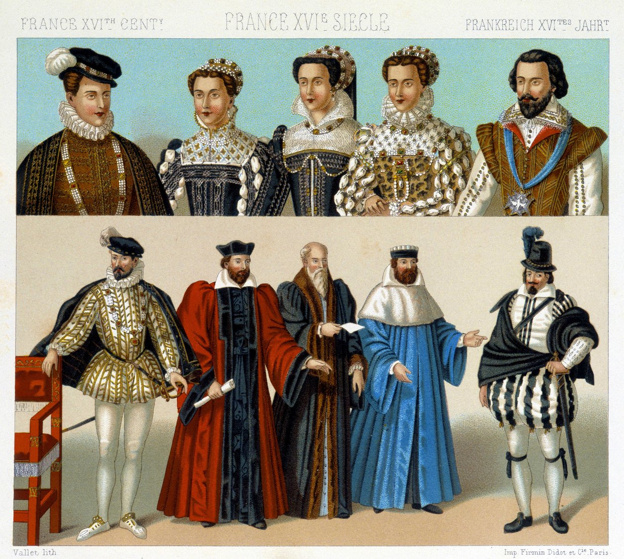 أزياء النبلاء والقضاة في فرنسا في القرن السابع عشر. لوحة Chromolithographic - في "" Le costume historyique "" لـ Racinet بواسطة ألبرت تشارلز أوغست راسينت