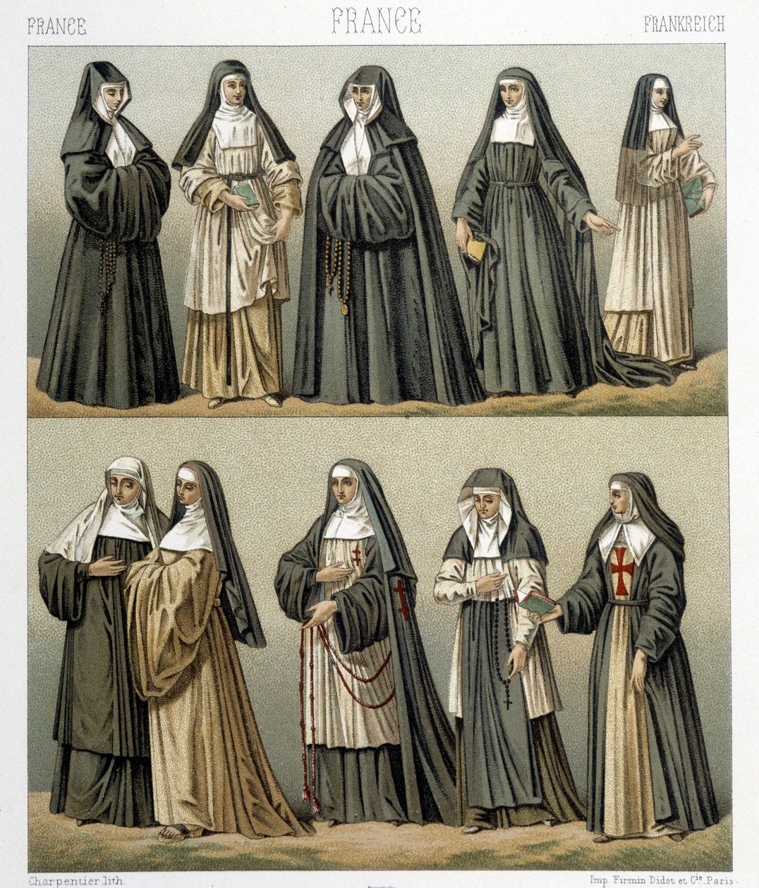 أزياء الراهبات في فرنسا في القرن الثامن عشر. رسم توضيحي في "" Le costume historyique "" لـ Racinet بواسطة ألبرت تشارلز أوغست راسينت