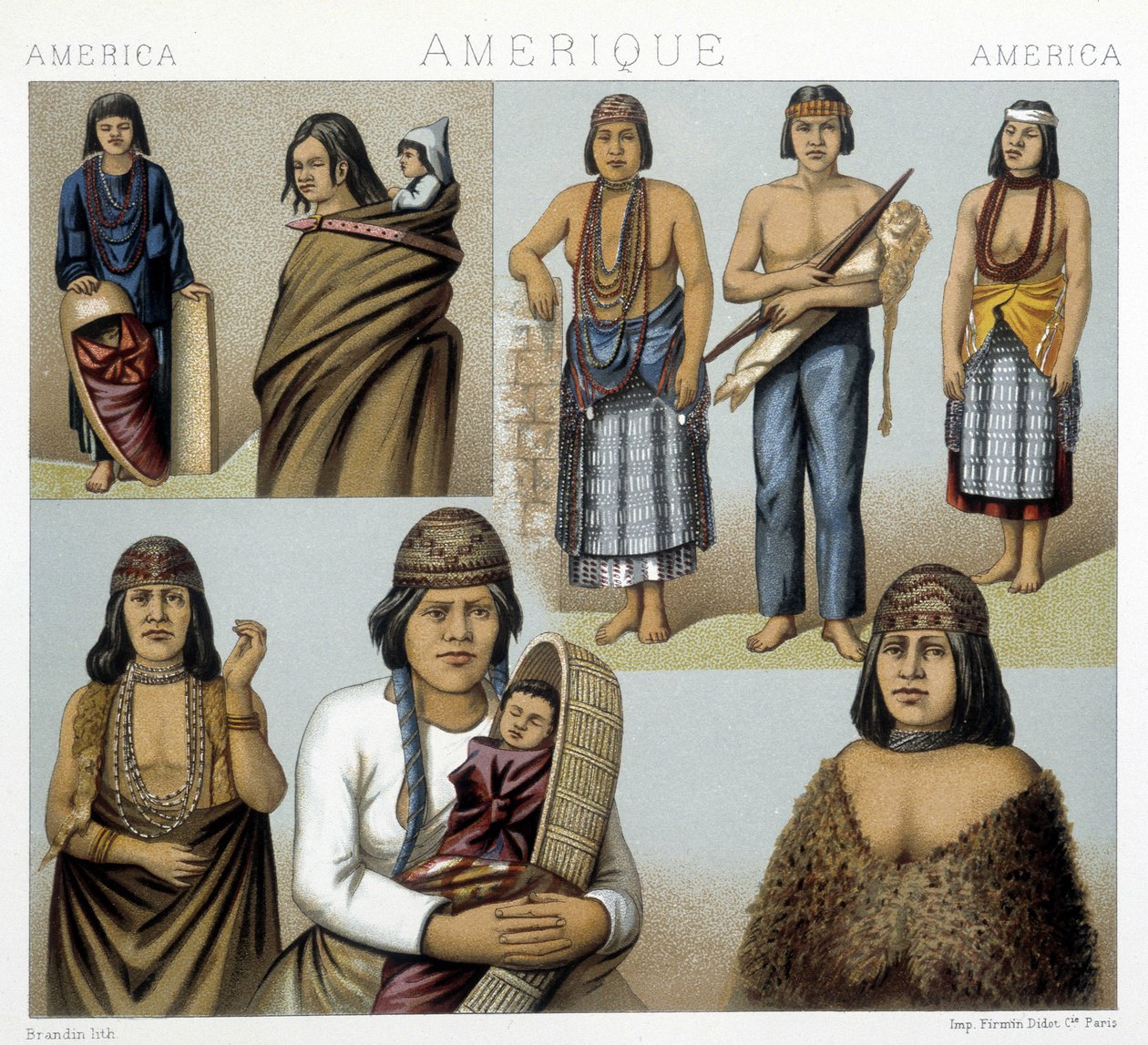 أزياء هنود كاليفورنيا. رسم إيضاحي في "الزي التاريخي" لراتسينيت بواسطة ألبرت تشارلز أوغست راسينت