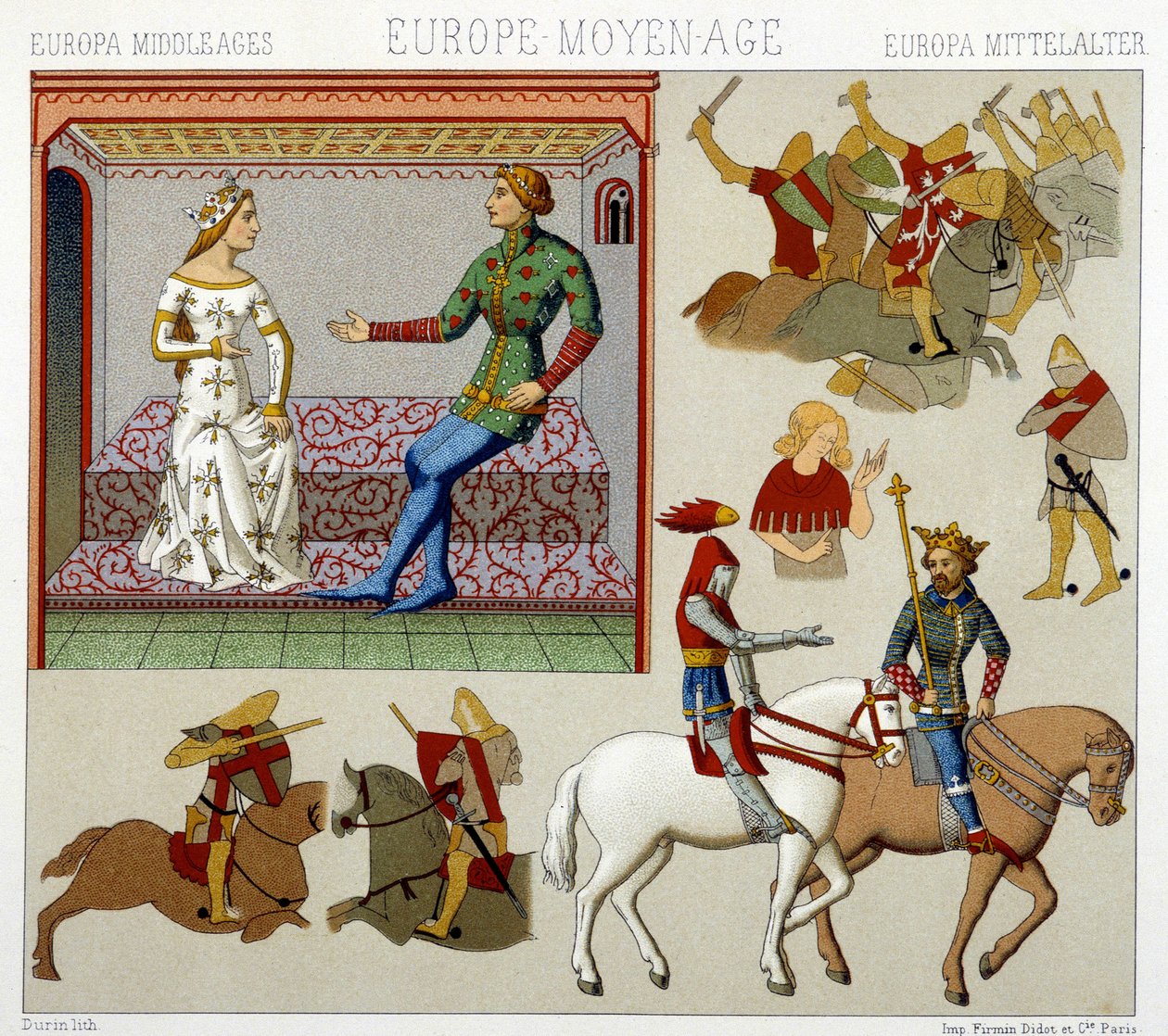 أزياء العصور الوسطى في فرنسا. لوحة Chromolithographic - في "" Le costume historyique "" لـ Racinet بواسطة ألبرت تشارلز أوغست راسينت