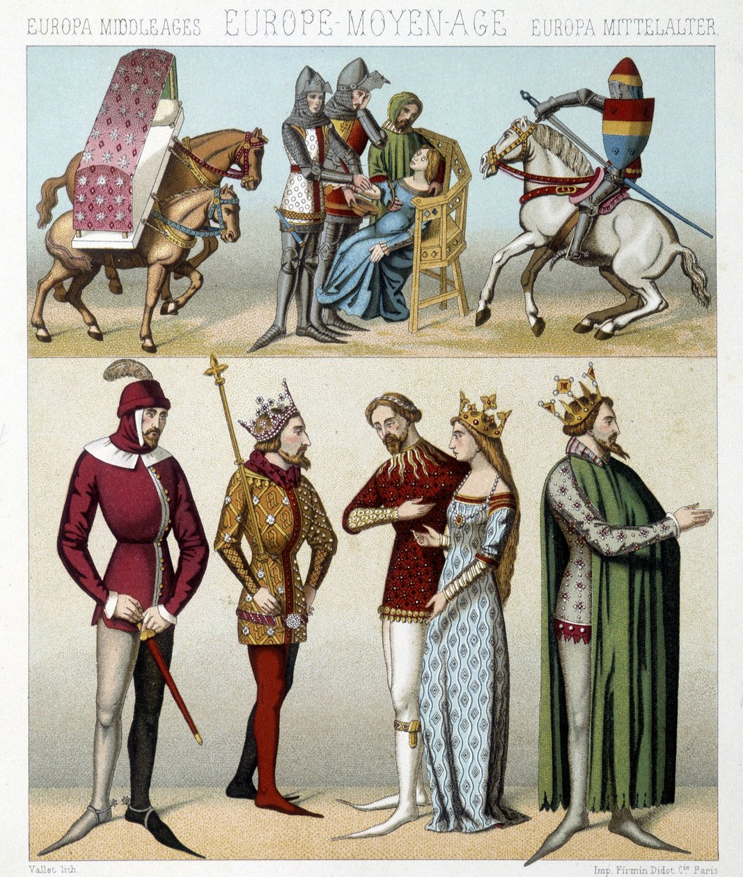 أزياء العصور الوسطى في فرنسا. رسم توضيحي في "Le costume historyique" بقلم Racinet بواسطة ألبرت تشارلز أوغست راسينت