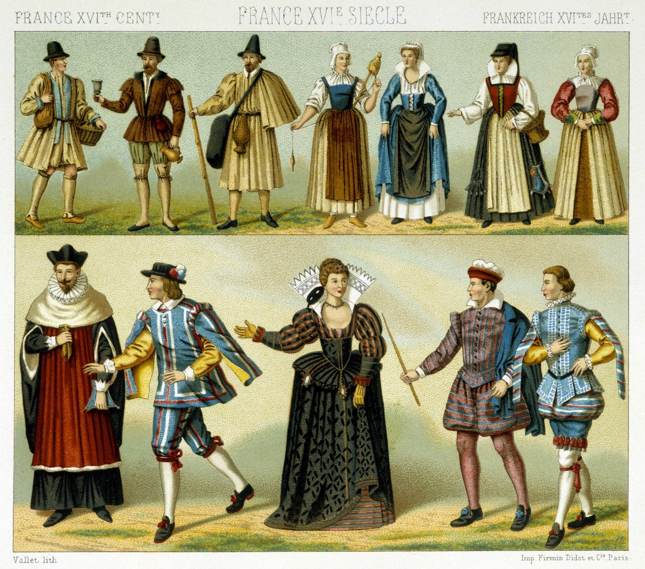 أزياء النبلاء والشعبية لفرنسا في القرن السادس عشر. لوحة Chromolithographic - في "" Le costume historyique "" لـ Racinet بواسطة ألبرت تشارلز أوغست راسينت