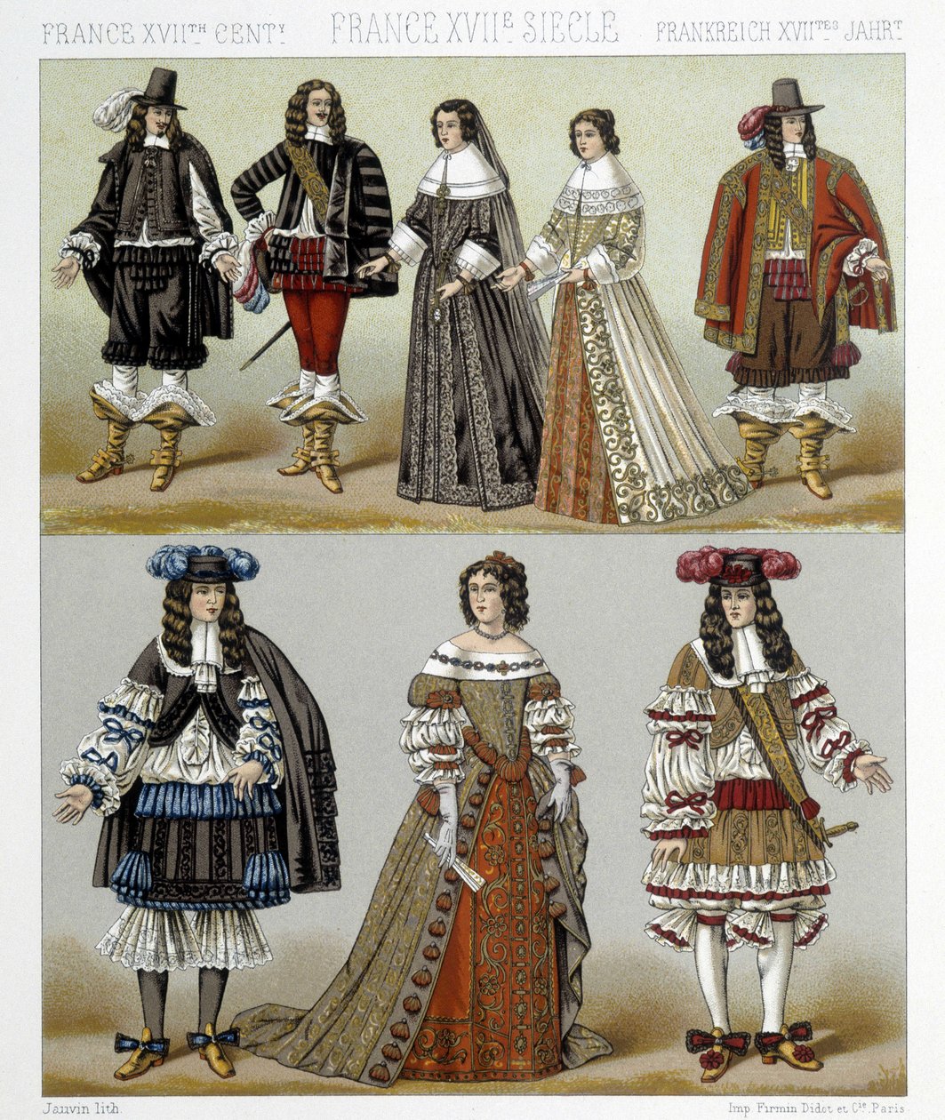 أزياء النبلاء في فرنسا في القرن الثامن عشر. رسم توضيحي في "" Le costume historyique "" لـ Racinet بواسطة ألبرت تشارلز أوغست راسينت