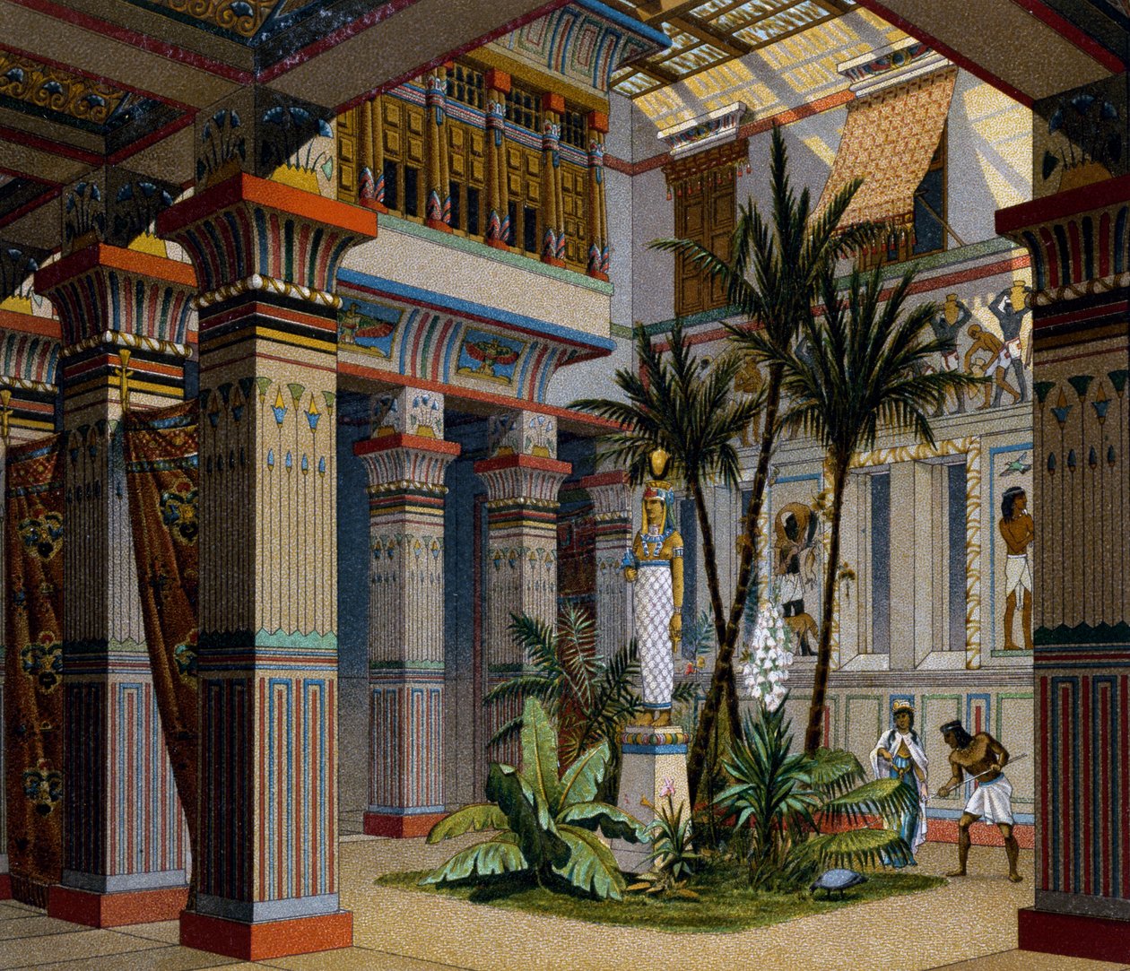 مصر ، الجزء الداخلي لمنزل الأثرياء في الإمبراطورية القديمة ، مطبوعة حجرية بواسطة Charpentier ، من Le Costume Historique (تاريخ الأزياء) ، المجلد الثاني ، بواسطة Auguste Racinet بواسطة ألبرت تشارلز أوغست راسينت