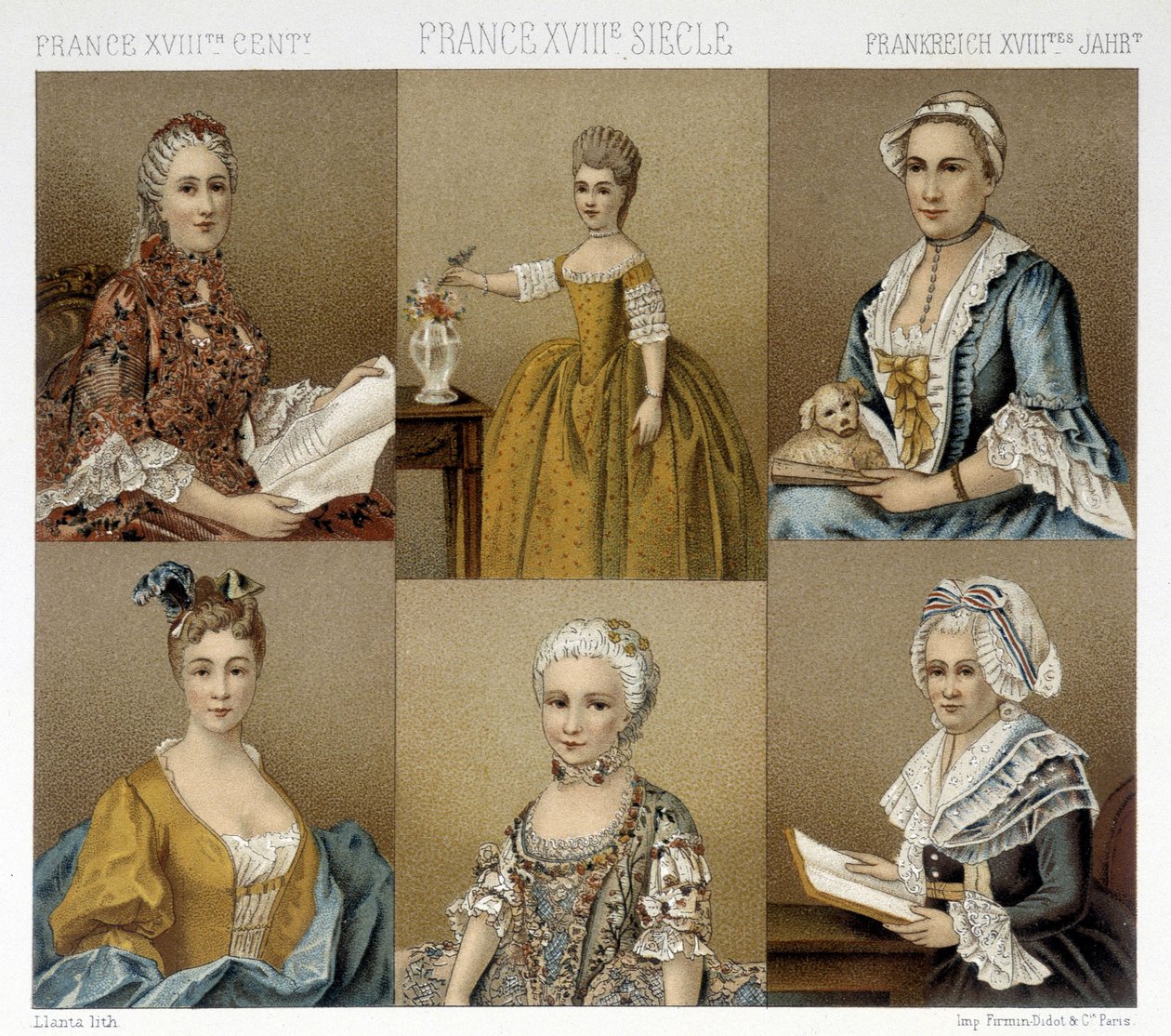 أزياء نسائية فرنسية في القرن الثامن عشر. رسم توضيحي في "" Le costume historyique "" لـ Racinet بواسطة ألبرت تشارلز أوغست راسينت