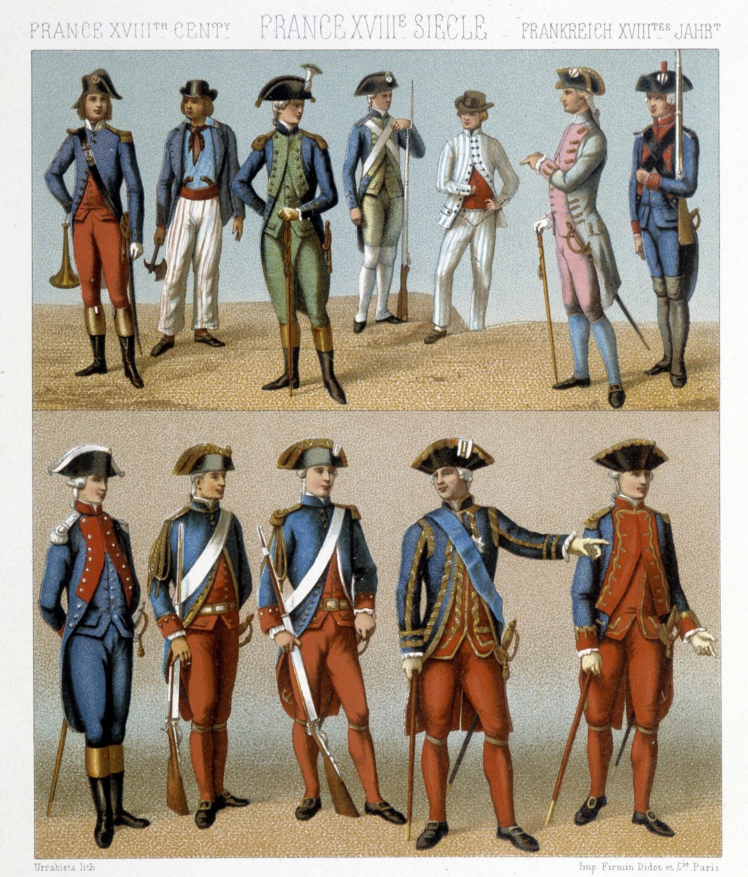 أزياء عسكرية فرنسية في القرن الثامن عشر. رسم توضيحي في "" Le costume historyique "" لـ Racinet بواسطة ألبرت تشارلز أوغست راسينت