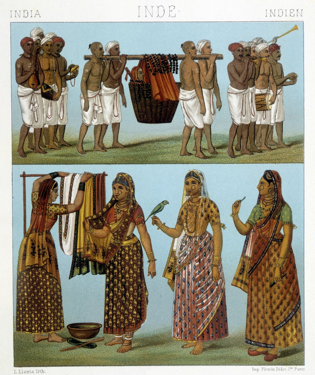 الجنازة (أعلى الصورة) والغسيل (أسفل الصورة) في الهند. رسم توضيحي في "" Le costume historyique "" لـ Racinet بواسطة ألبرت تشارلز أوغست راسينت