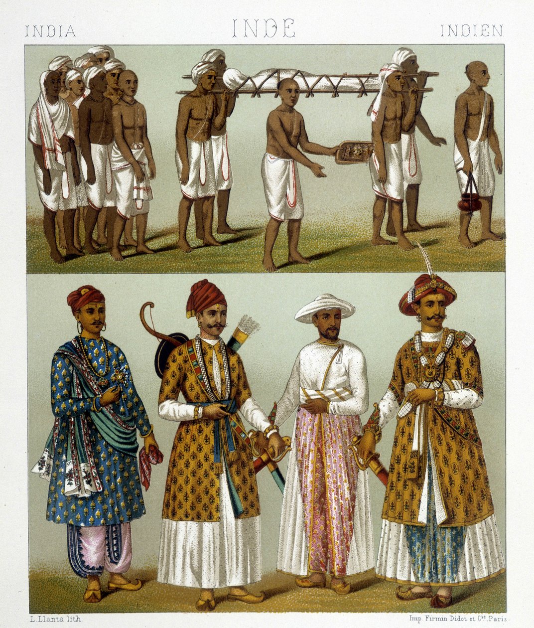 جنازة (أعلى الصورة) وتجار (أسفل الصورة) في الهند. الرسم في "" Le costume historyique "" لـ Racinet بواسطة ألبرت تشارلز أوغست راسينت