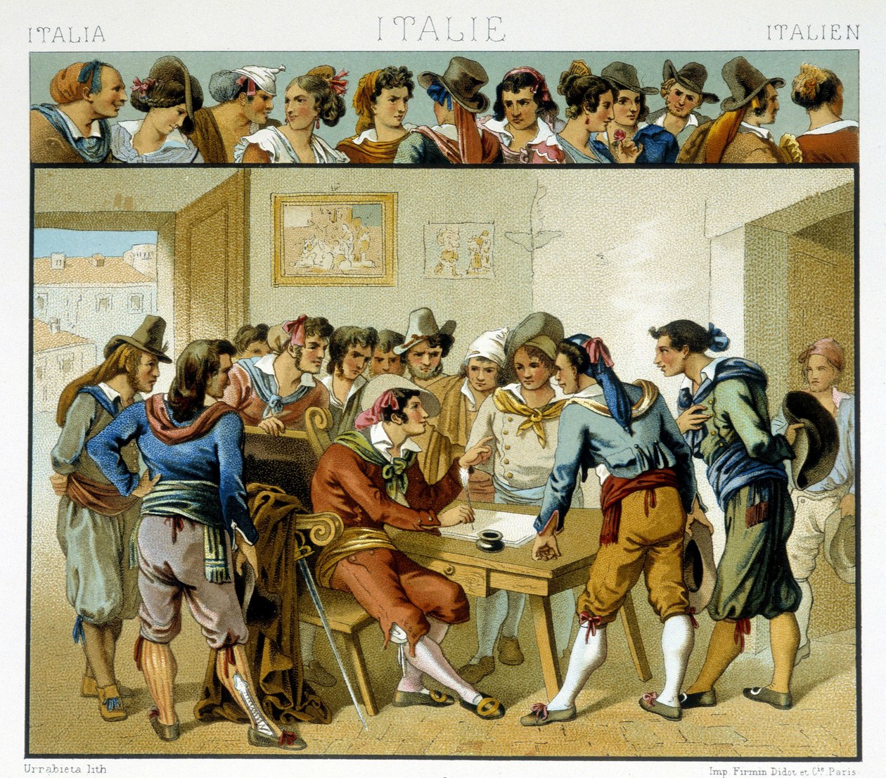 مجموعة من الإيطاليين حول كاتب ممثلة في الأزياء الرومانية الشهيرة في القرن التاسع عشر. لوحة Chromolithographic - في "" Le costume historyique "" لـ Racinet بواسطة ألبرت تشارلز أوغست راسينت
