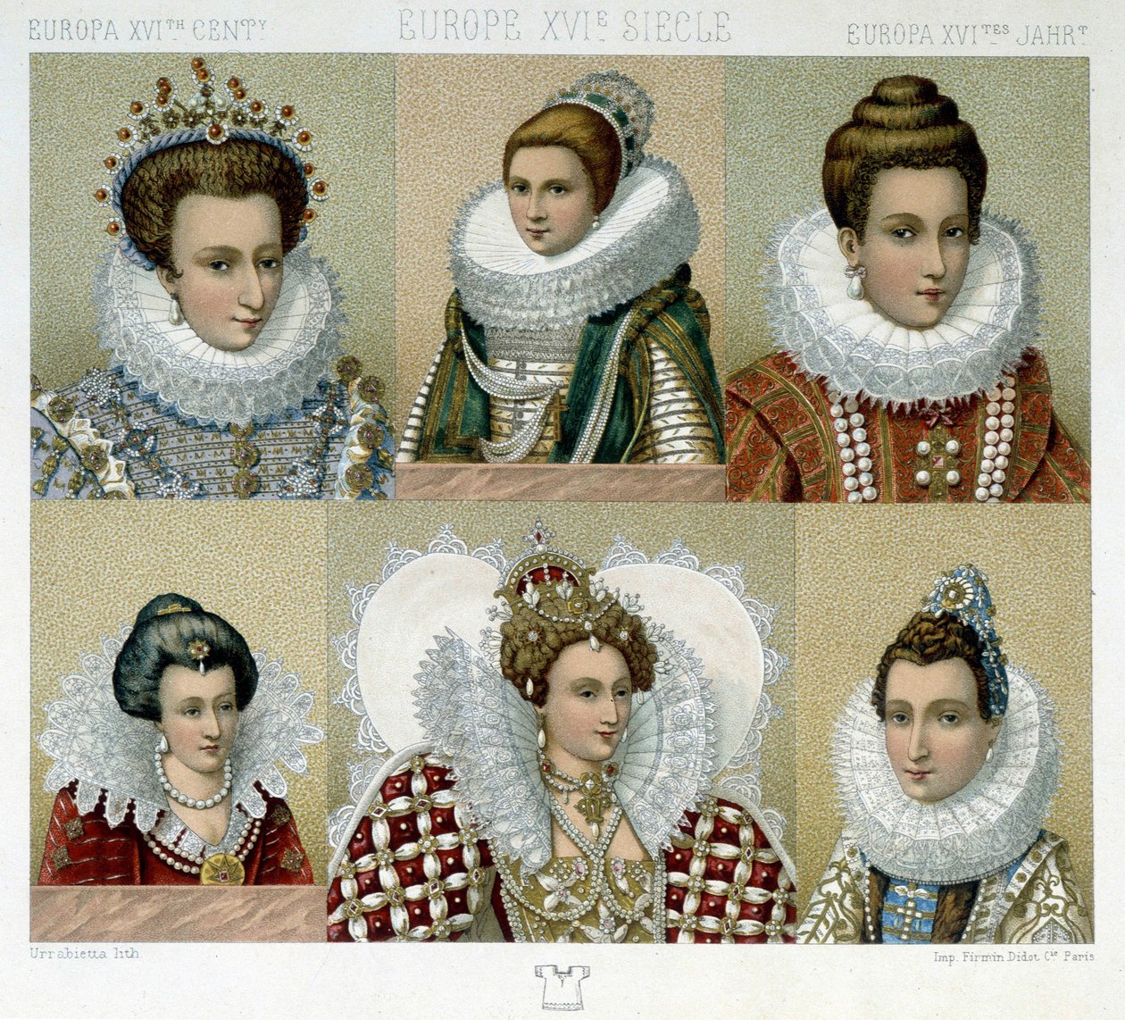 تصفيف الشعر في فرنسا في القرن السادس عشر (وصورة لماري دي ميديشي) - في "" Le costume historyique "" لراتسينيه ، أواخر القرن التاسع عشر بواسطة ألبرت تشارلز أوغست راسينت