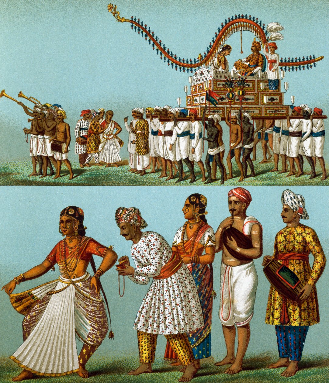الهند ، المسيرات ، الموسيقى ، الرقصات ، بواسطة Auguste Racinet (1825-1893) ، الطباعة الحجرية تأتي من Le Costume Historique ، المجلد الأول بواسطة ألبرت تشارلز أوغست راسينت