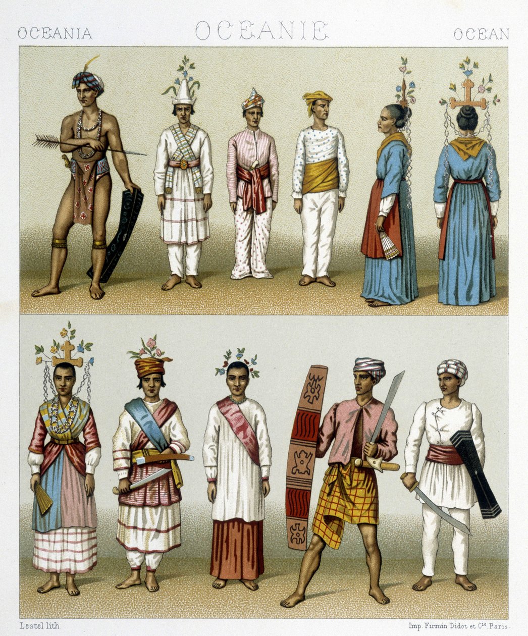 سكان جزر سيليبس في إندونيسيا. رسم توضيحي في "" Le costume historyique "" لـ Racinet بواسطة ألبرت تشارلز أوغست راسينت