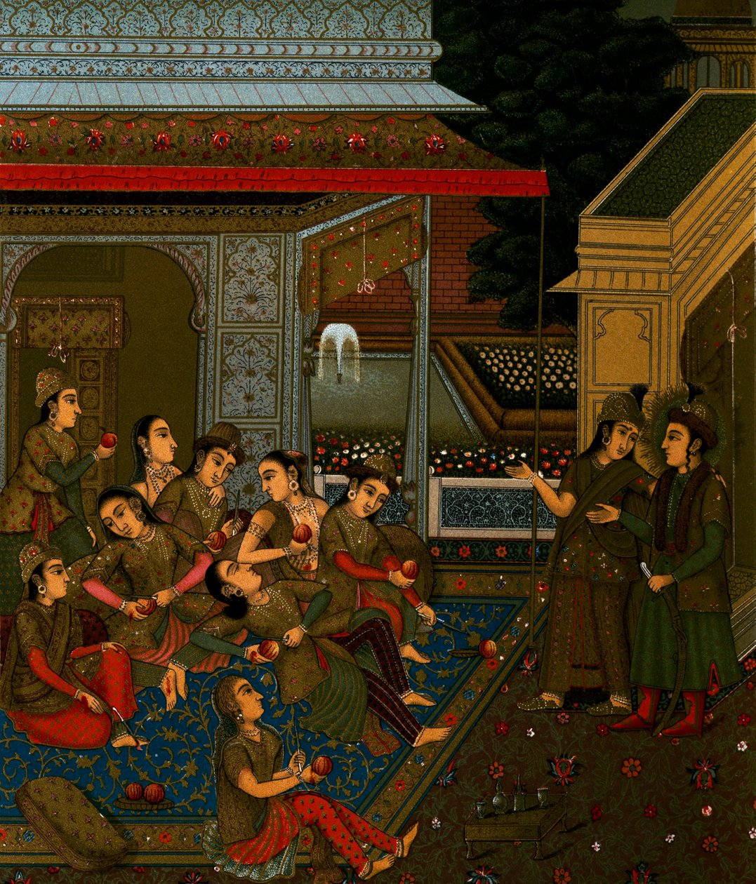 الفناء الداخلي لمنزل النساء ، بواسطة Auguste Racinet (1825-1893) ، مطبوعة حجرية من Le Costume Historique ، المجلد الأول بواسطة ألبرت تشارلز أوغست راسينت