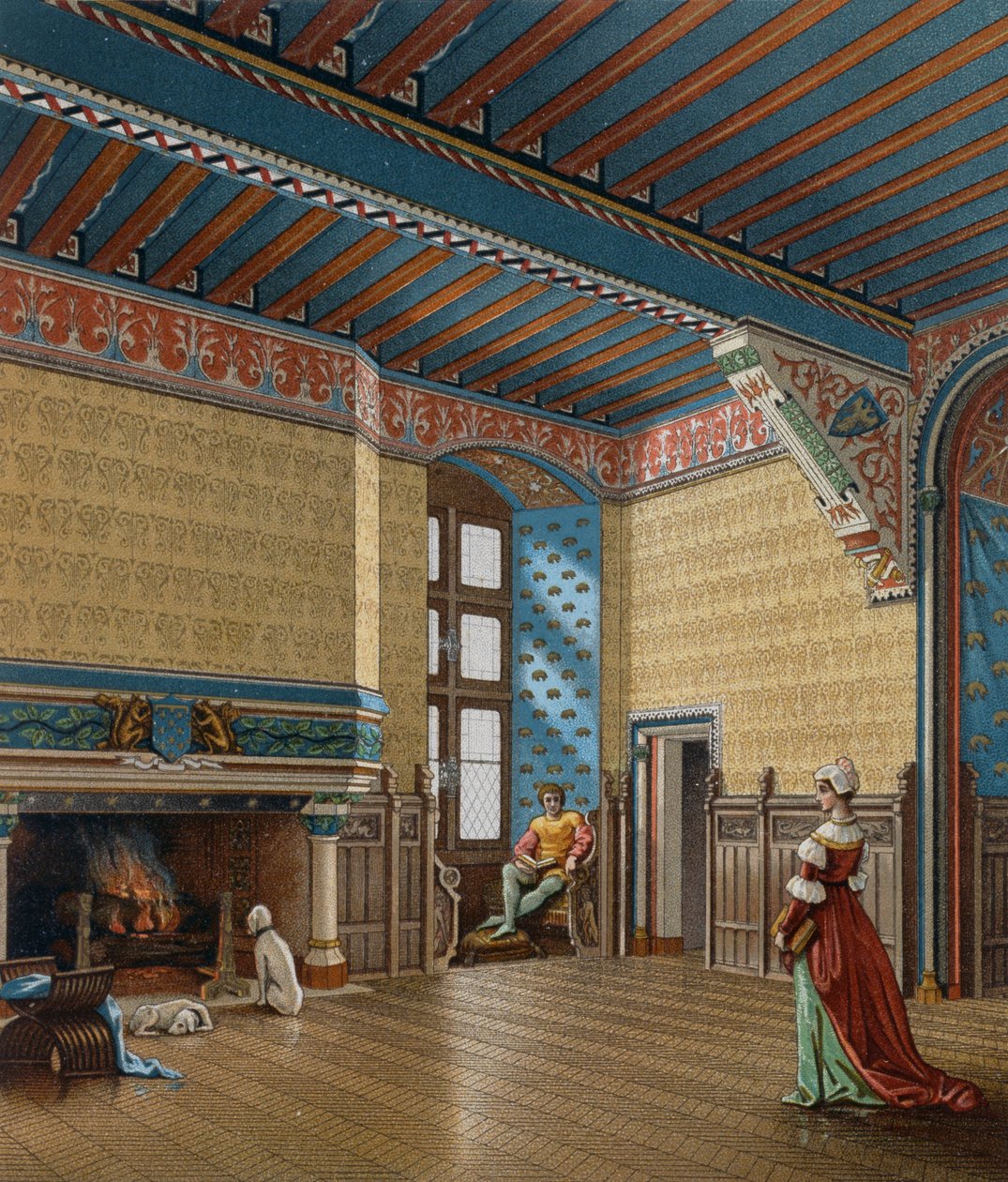 الجزء الداخلي من مسكن فرنسي في القرن الخامس عشر ، مطبوعة حجرية بواسطة Charpentier من Le Costume historyique (تاريخ الأزياء الكامل) بواسطة ألبرت تشارلز أوغست راسينت