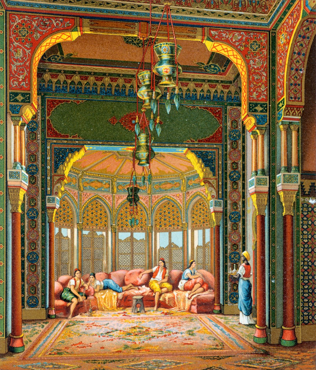 الجزء الداخلي من المبنى التركي ، رسم توضيحي من تاريخ الأزياء الكامل بواسطة Auguste Racinet بواسطة ألبرت تشارلز أوغست راسينت