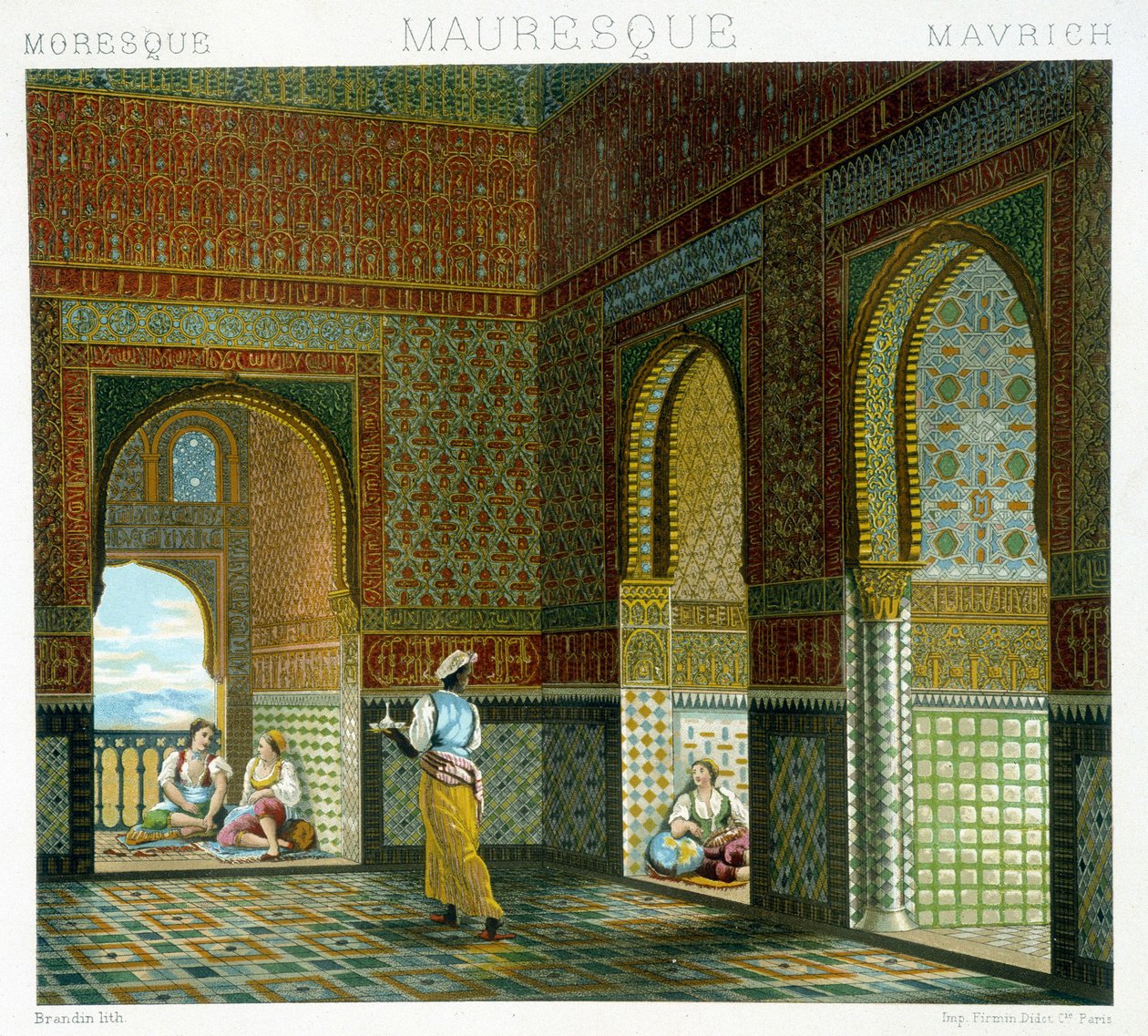 داخل منزل مغاربي (قصر الحمراء ، غرفة البركة). لوحة Chromolithographic - في "" Le costume historyique "" لـ Racinet بواسطة ألبرت تشارلز أوغست راسينت
