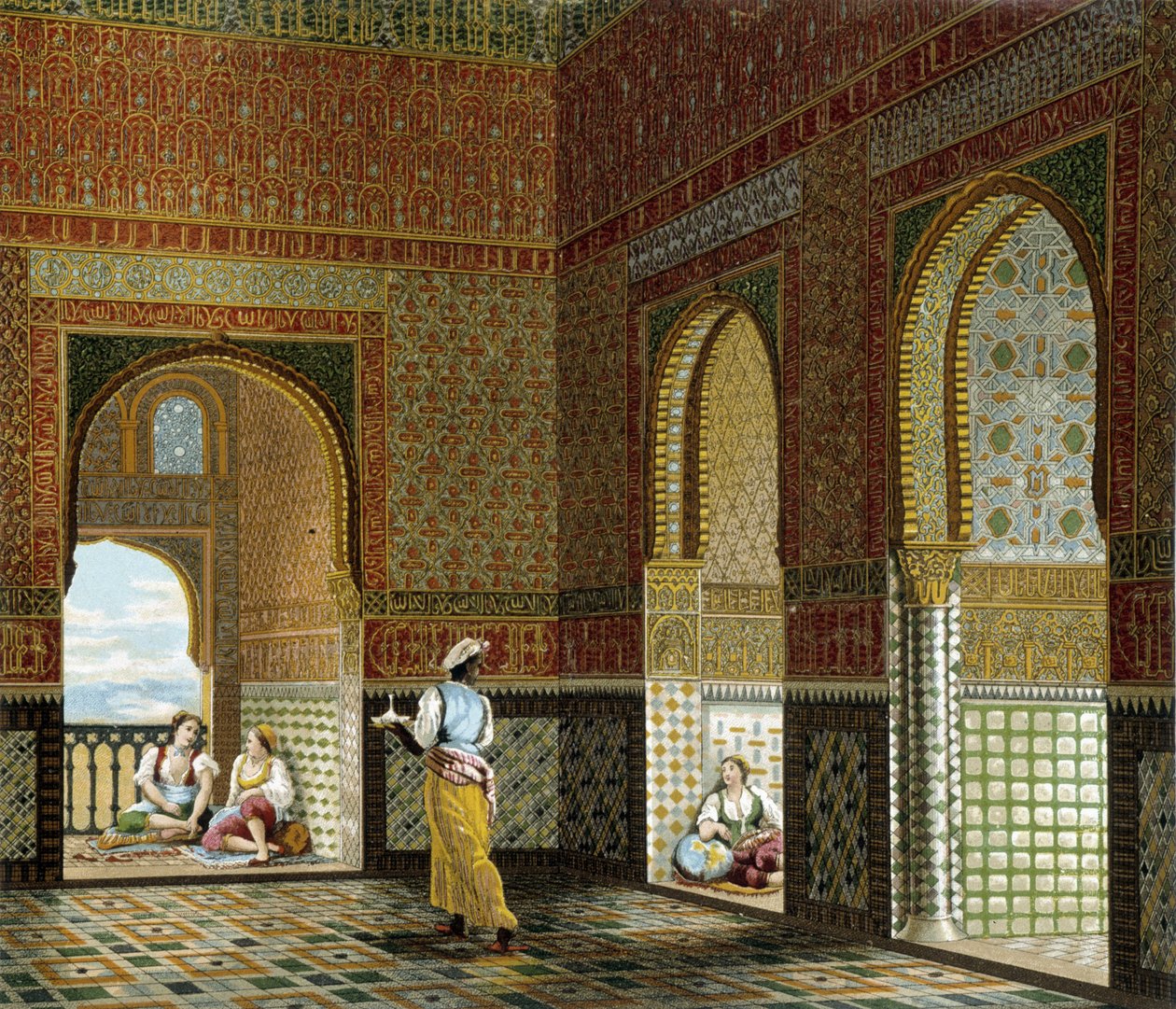 داخل منزل مغاربي (قصر الحمراء ، غرفة البركة). لوحة Chromolithographic - في "" Le costume historyique "" لـ Racinet بواسطة ألبرت تشارلز أوغست راسينت