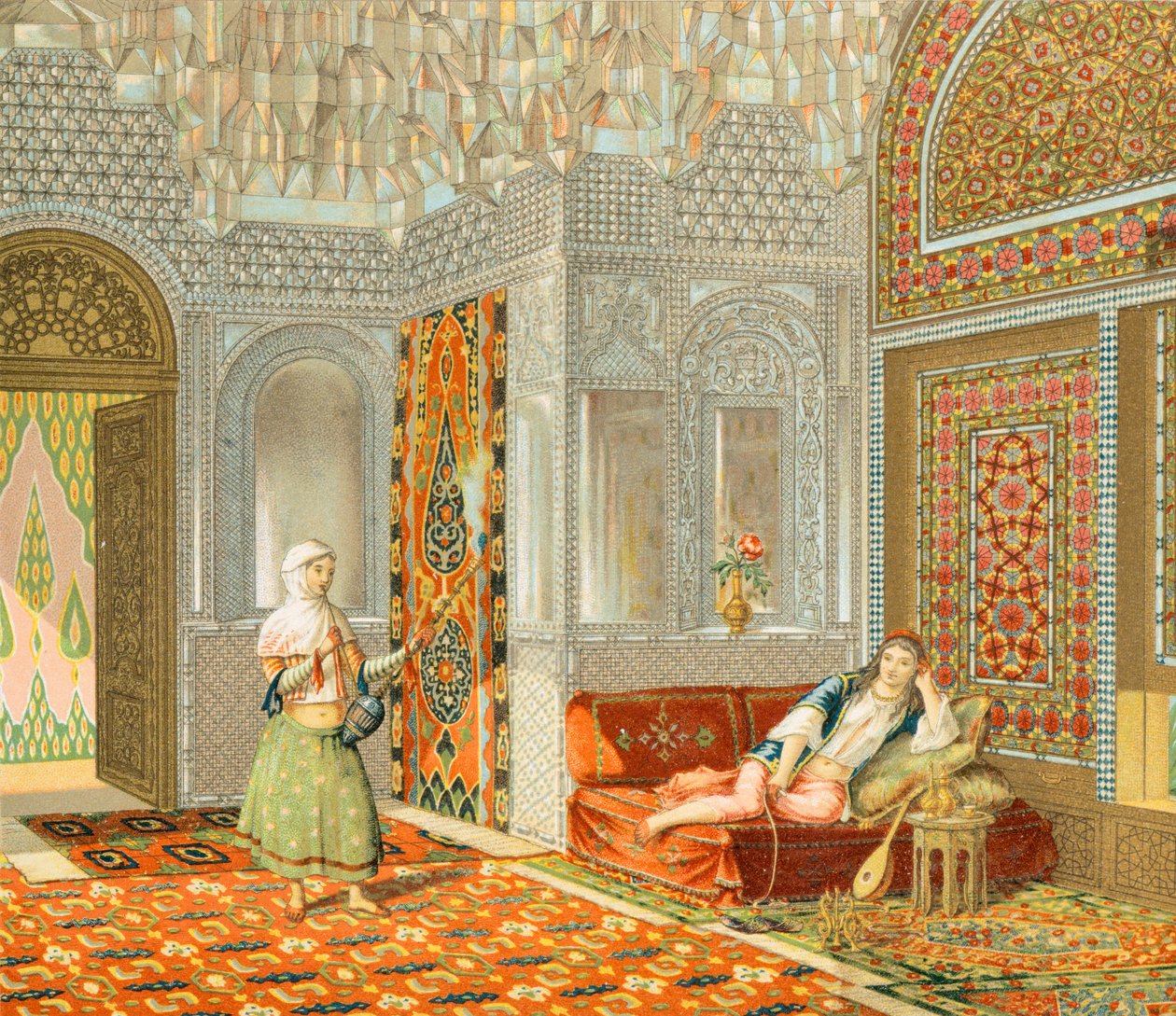 الجزء الداخلي من غرفة فارسية ، رسم توضيحي من تاريخ الأزياء الكامل بقلم أوغست راسينيت بواسطة ألبرت تشارلز أوغست راسينت