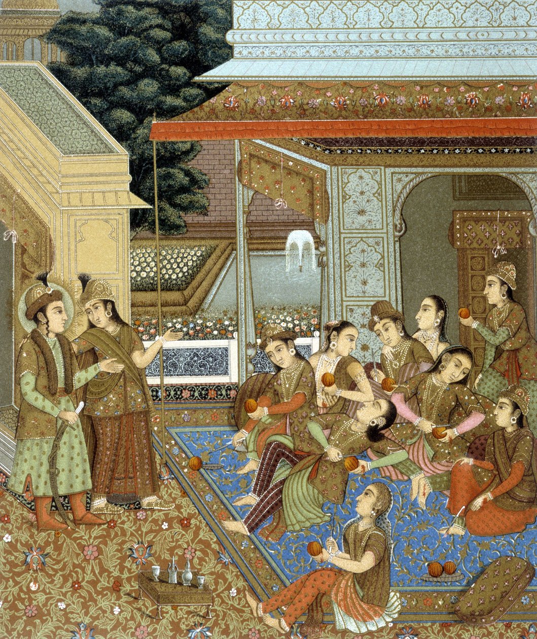 تصميم داخلي لمنزل في الهند به العديد من النساء - في "" الزي التاريخي "لـ Racinet بواسطة ألبرت تشارلز أوغست راسينت