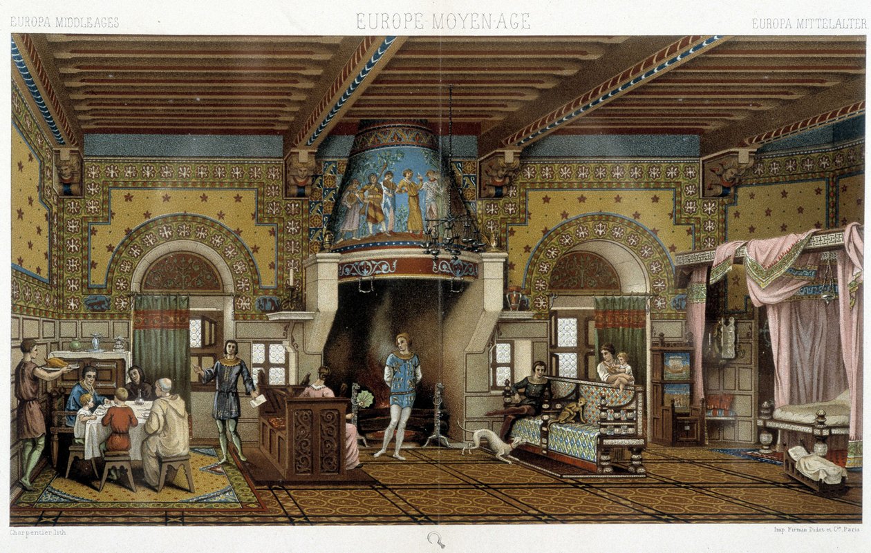 التصميم الداخلي لقصر فخم في العصور الوسطى - في "" الزي التاريخي "لـ Racinet بواسطة ألبرت تشارلز أوغست راسينت