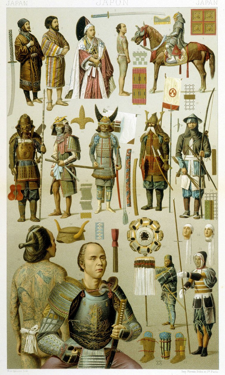 أزياء المحارب الياباني (السامورا أو الياكوزا أو الياكوزا). لوحة Chromolithographic - في "" Le costume historyique "" لـ Racinet بواسطة ألبرت تشارلز أوغست راسينت