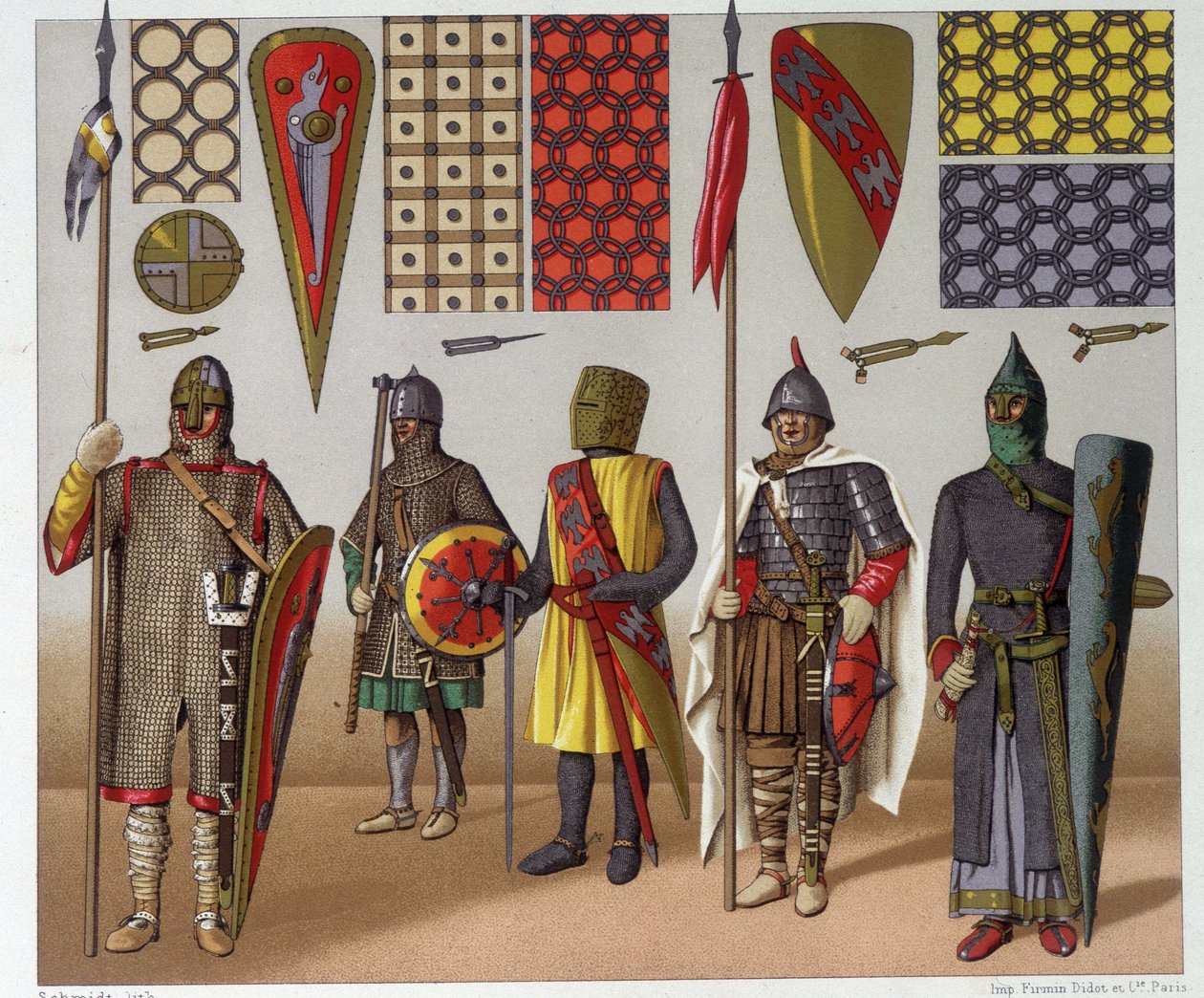 أزياء عسكرية من القرن التاسع إلى القرن الثاني عشر ، من تصميم أ بواسطة ألبرت تشارلز أوغست راسينت