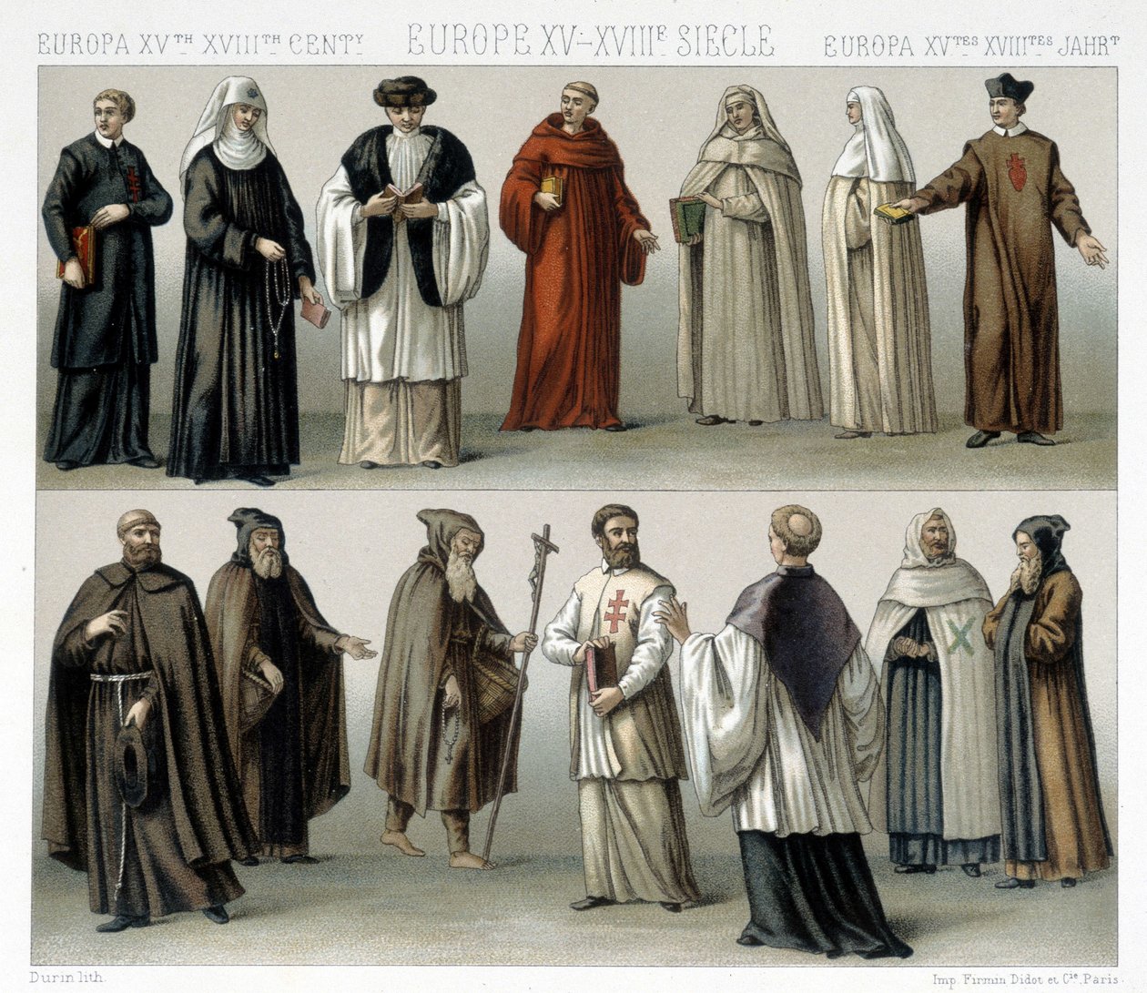 أزياء رهبانية في أوروبا من القرن الخامس عشر إلى القرن الثامن عشر. رسم توضيحي في "" Le costume historyique "" لـ Racinet بواسطة ألبرت تشارلز أوغست راسينت
