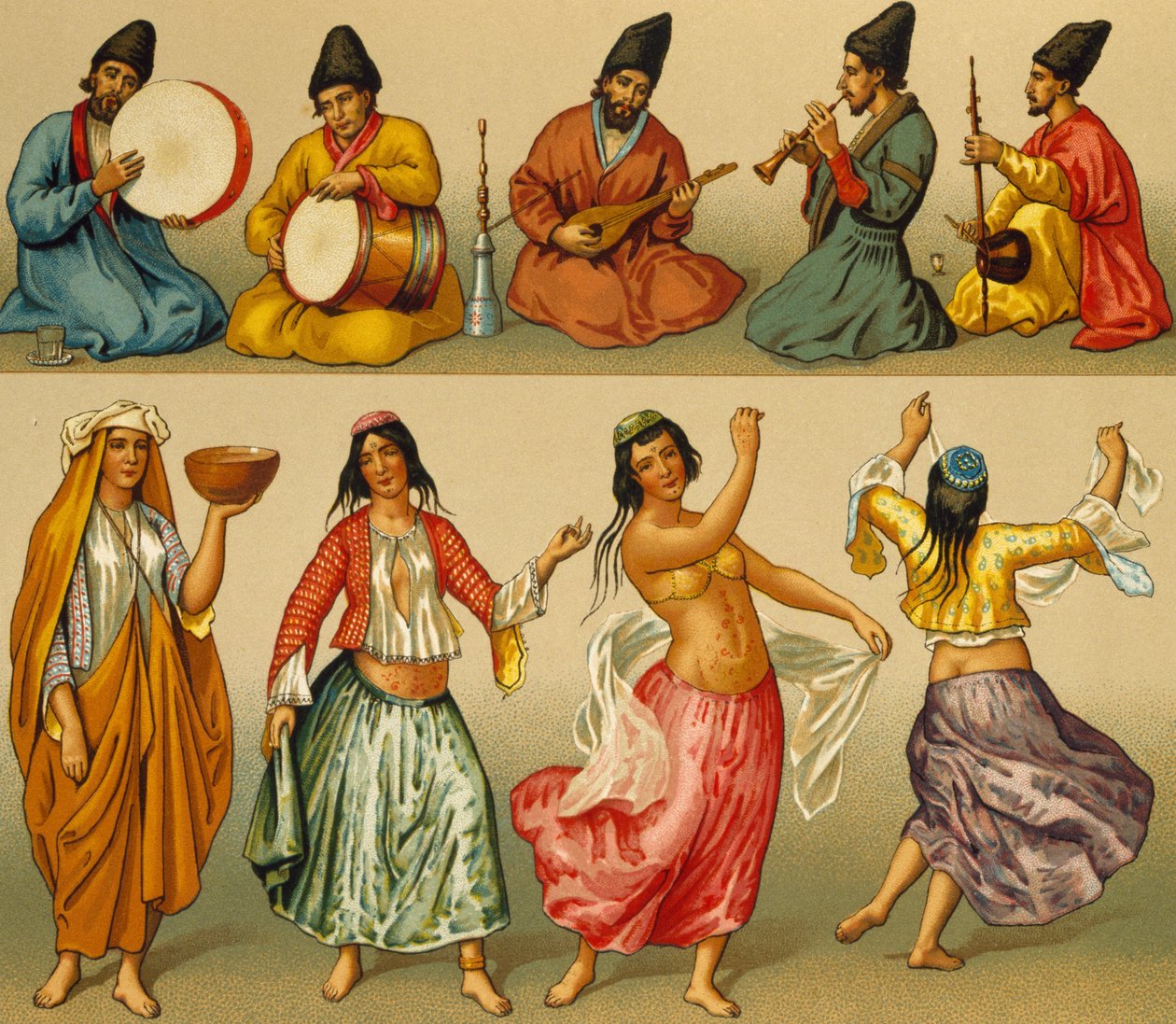 الموسيقيون والراقصون من بلاد فارس ، الطباعة الحجرية بواسطة Dambourget ، من Le Costume historyique (تاريخ الأزياء الكامل) ، المجلد الأول بواسطة ألبرت تشارلز أوغست راسينت