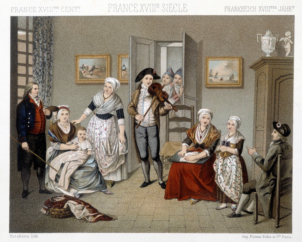 يلعب الموسيقيون دورهم في اقتحام الأسرة داخل المنزل. رسم توضيحي في "" Le costume historyique "" لـ Racinet بواسطة ألبرت تشارلز أوغست راسينت