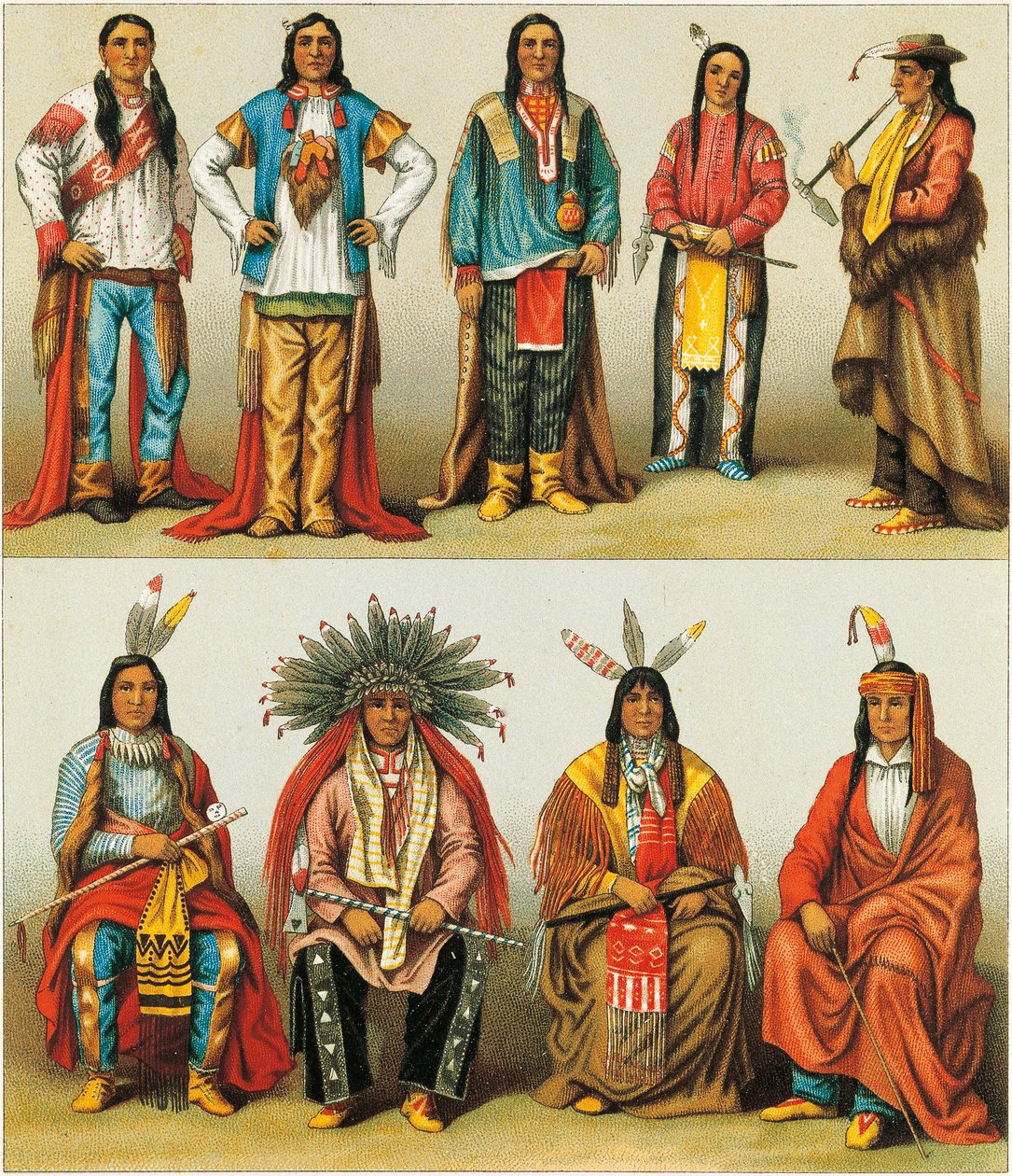 الأمريكيون الأصليون في ميسيسيبي وكولورادو ، الطباعة الحجرية لنوردمان وسان من Le Costume Historique ، المجلد 2 بواسطة ألبرت تشارلز أوغست راسينت