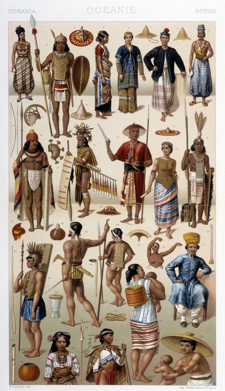 شعب ماليزيا وبولينيزيا (أوقيانوسيا). رسم توضيحي في "" Le costume historyique "" لـ Racinet بواسطة ألبرت تشارلز أوغست راسينت