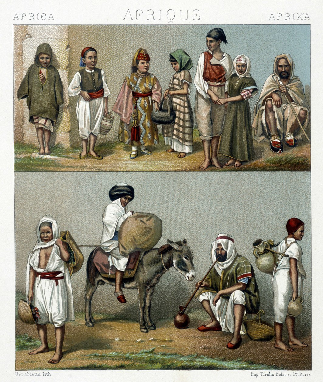 ازياء شعبية من الجزائر وتونس. رسم توضيحي في "" Le costume historyique "" لـ Racinet بواسطة ألبرت تشارلز أوغست راسينت