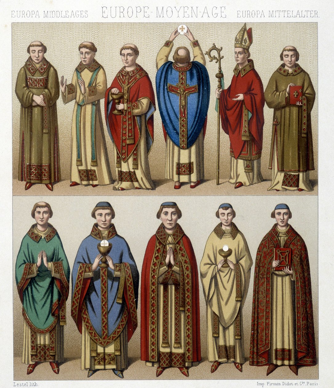 الأزياء الدينية في أوروبا في العصور الوسطى. رسم توضيحي في "" Le costume historyique "" لـ Racinet بواسطة ألبرت تشارلز أوغست راسينت