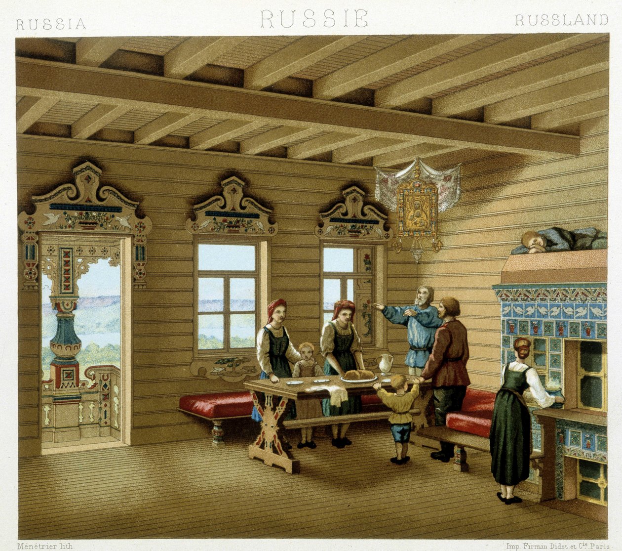 عائلة روسية في مسكن نموذجي في روسيا في القرن التاسع عشر. لوحة Chromolithographic - في "" Le costume historyique "" لـ Racinet بواسطة ألبرت تشارلز أوغست راسينت