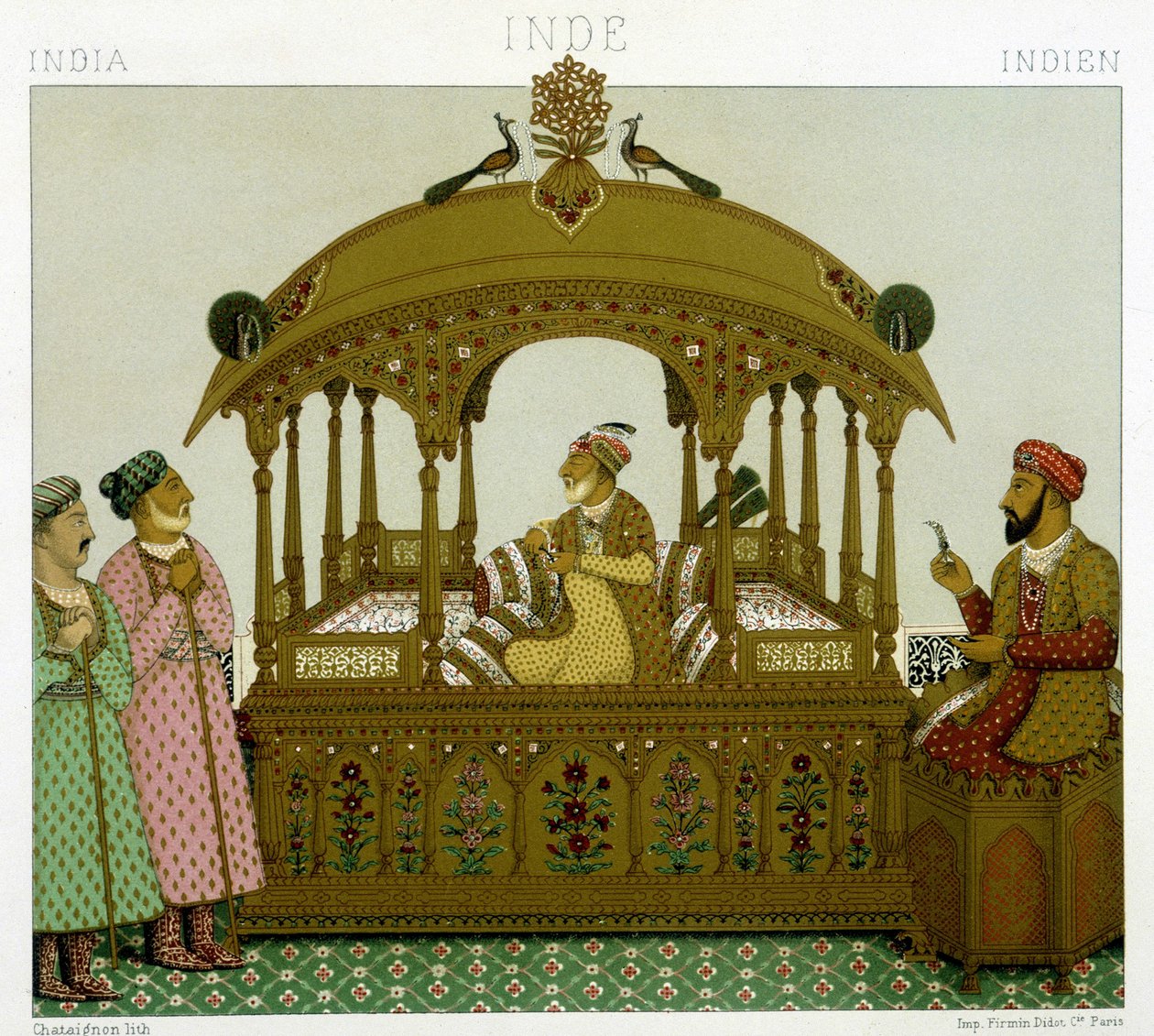 عرش أباطرة موغول. لوحة Chromolithographic - في "" Le costume historyique "" لـ Racinet بواسطة ألبرت تشارلز أوغست راسينت