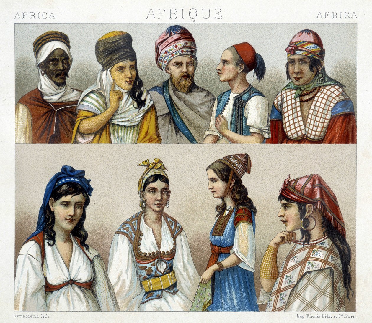 الأزياء التقليدية وأغطية الرأس الرجالية والنسائية في الجزائر. رسم توضيحي في "" Le costume historyique "" لـ Racinet بواسطة ألبرت تشارلز أوغست راسينت