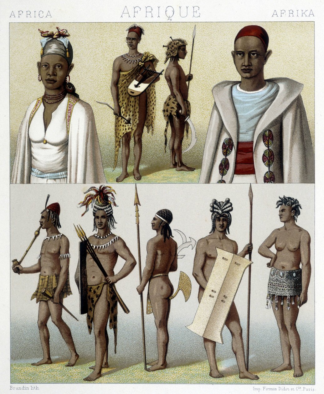 الأزياء والمجوهرات التقليدية من تمبكتو وأعالي النيل. رسم توضيحي في "" Le costume historyique "" لـ Racinet بواسطة ألبرت تشارلز أوغست راسينت