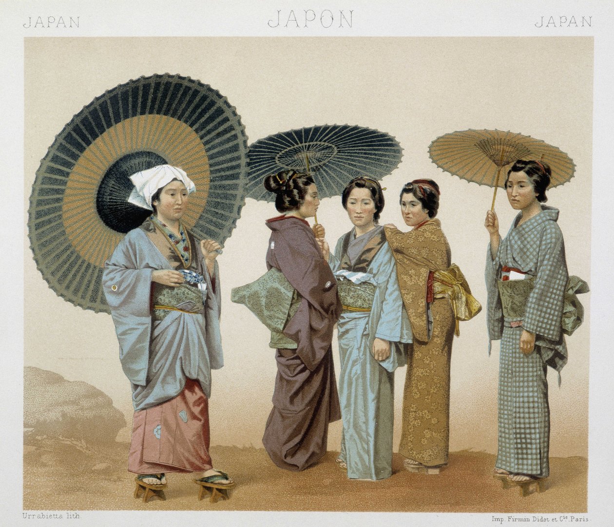 الأزياء التقليدية للمرأة اليابانية. رسم توضيحي في "" Le costume historyique "" لـ Racinet بواسطة ألبرت تشارلز أوغست راسينت