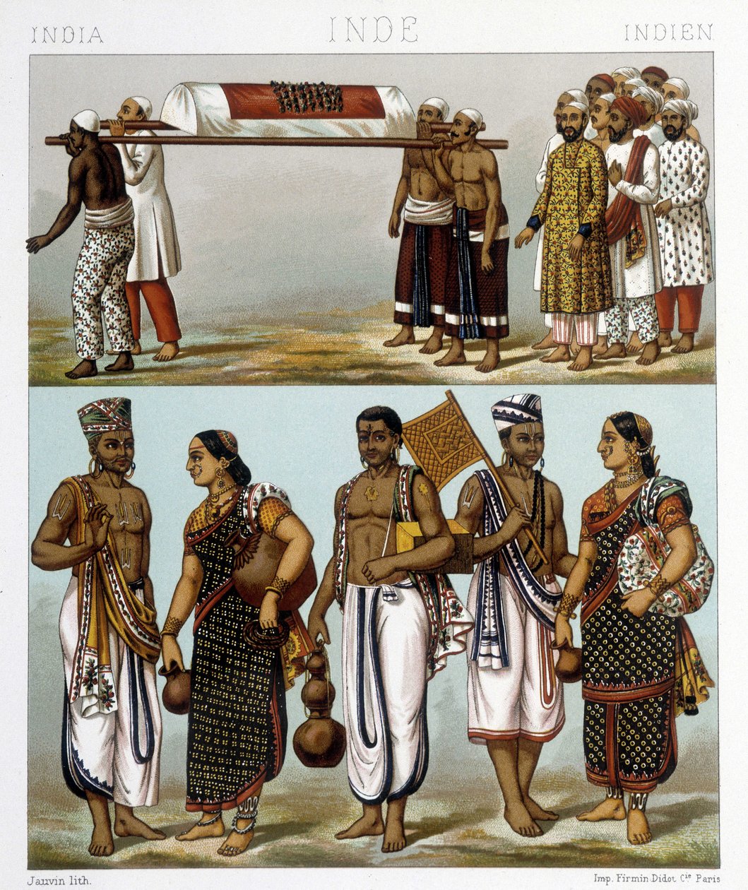 الأزياء التقليدية للمسلمين (أعلى الصورة) والهندوس (أسفل) الذين يعيشون في الهند. رسم توضيحي في "" Le costume historyique "" لـ Racinet بواسطة ألبرت تشارلز أوغست راسينت