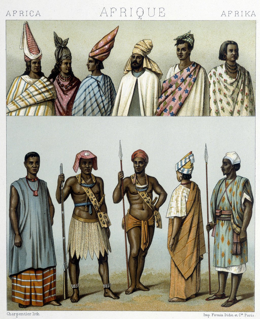 الأزياء التقليدية للسنغال. رسم توضيحي في "Le costume historyique" بقلم Racinet بواسطة ألبرت تشارلز أوغست راسينت