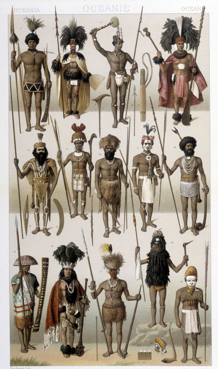 الأزياء التقليدية للسكان الأصليين لأوقيانوسيا. رسم توضيحي في "" Le costume historyique "" لـ Racinet بواسطة ألبرت تشارلز أوغست راسينت