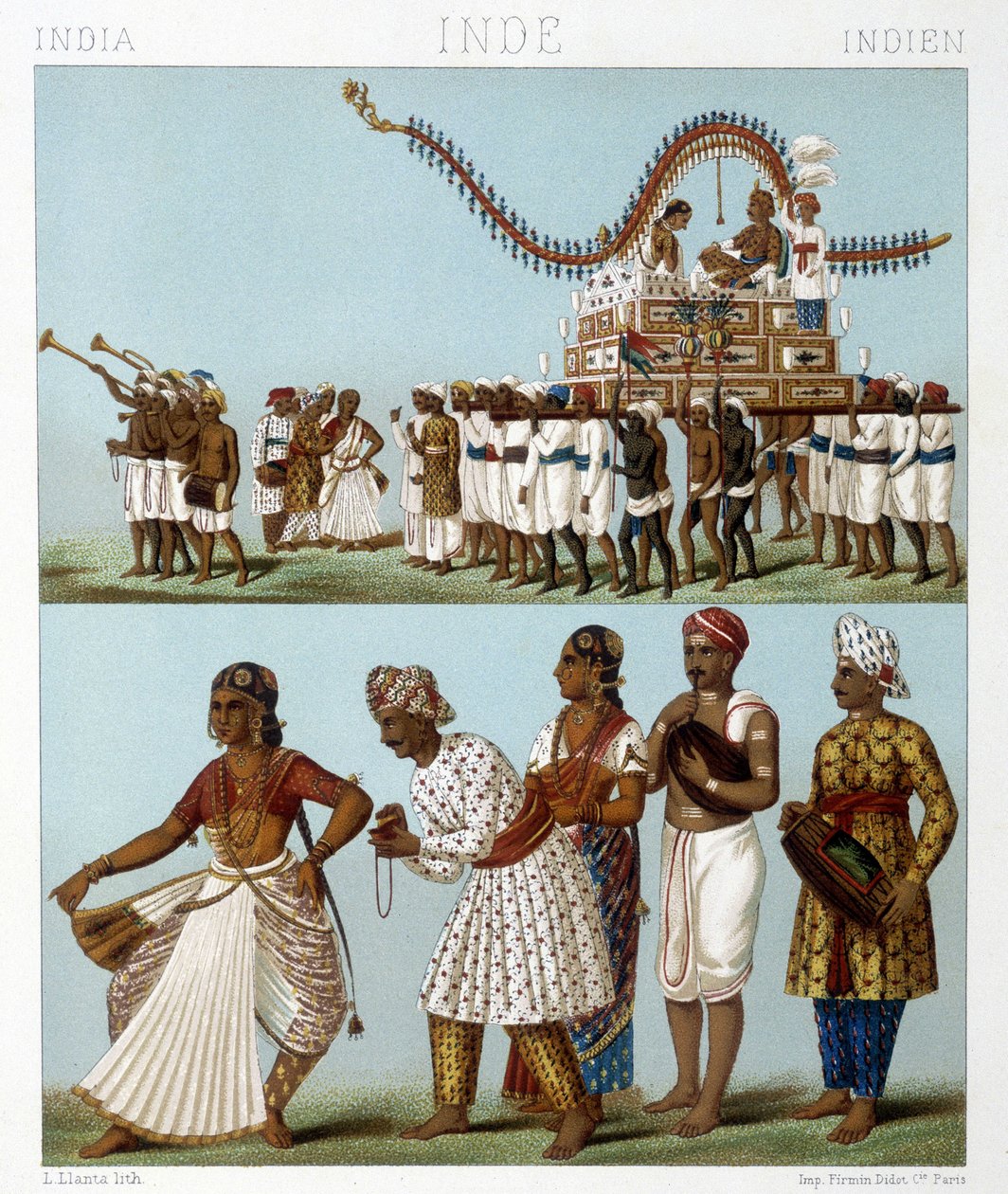 النقل والموسيقى والرقص والأزياء التقليدية في الهند. رسم توضيحي في "" Le costume historyique "" لـ Racinet بواسطة ألبرت تشارلز أوغست راسينت