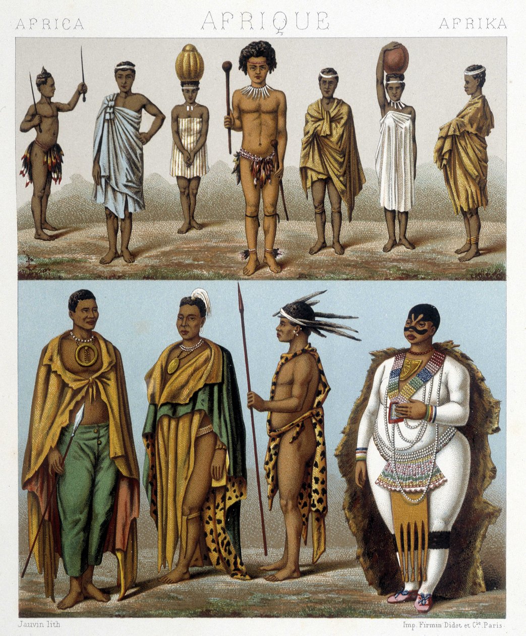 رجال مختلفون من جنوب إفريقيا. رسم توضيحي في "Le costume historyique" بقلم Racinet بواسطة ألبرت تشارلز أوغست راسينت