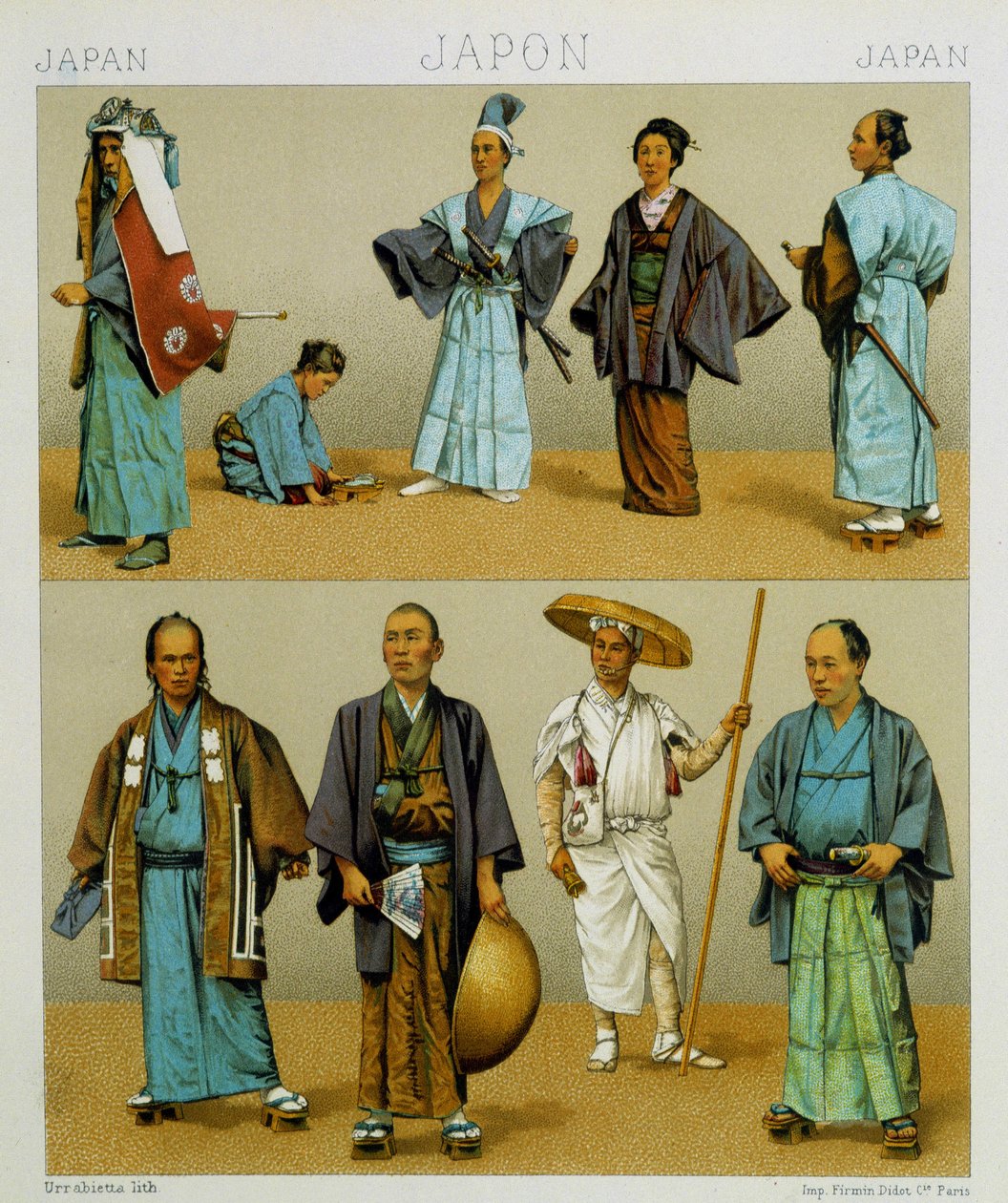 أزياء الرجال اليابانية التقليدية المختلفة بما في ذلك الكيمونو. لوحة Chromolithographic - في "" Le costume historyique "" لـ Racinet بواسطة ألبرت تشارلز أوغست راسينت