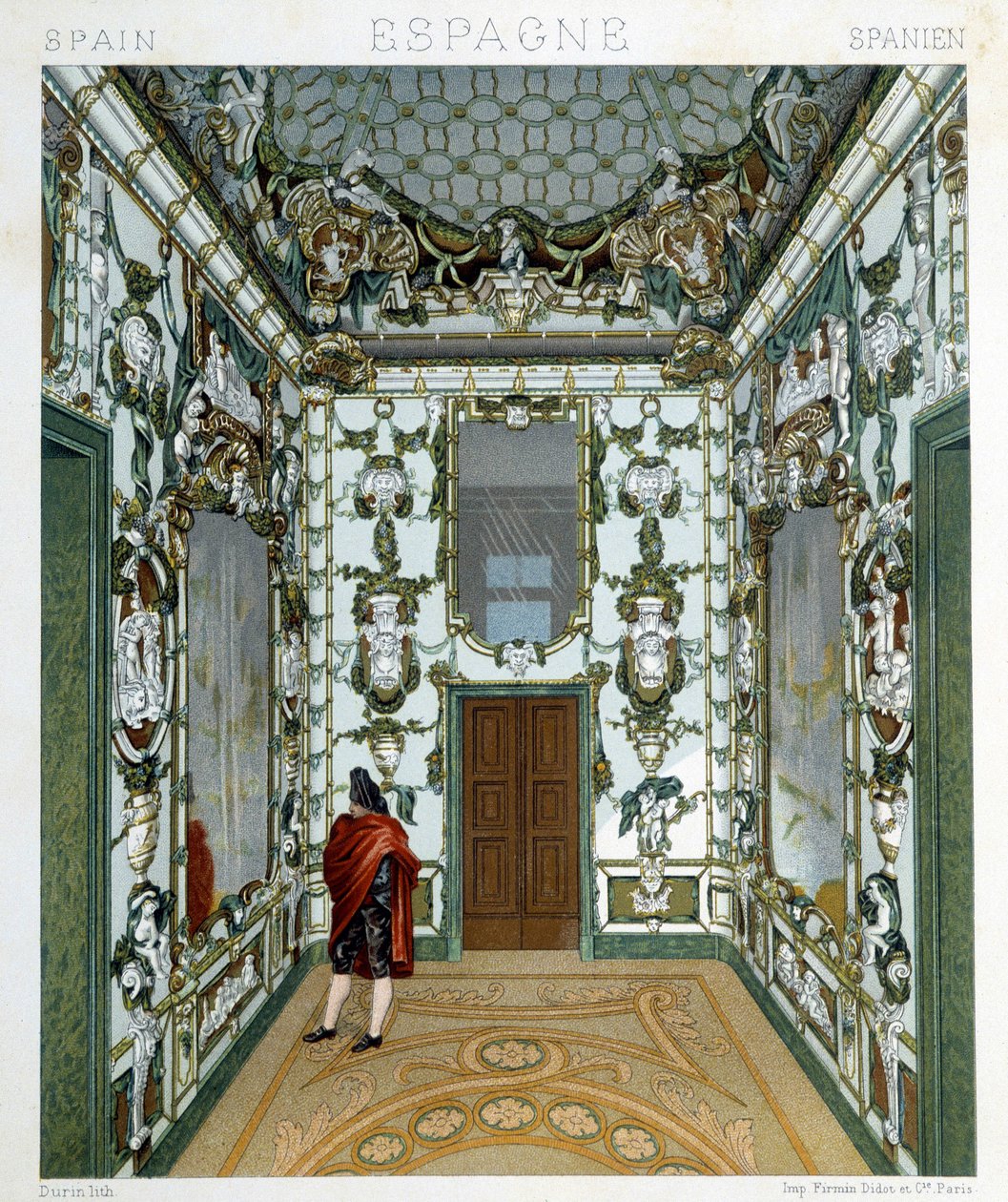 منظر لرجل داخل القصر الملكي بمدريد. لوحة Chromolithographic - في "" Le costume historyique "" لـ Racinet بواسطة ألبرت تشارلز أوغست راسينت
