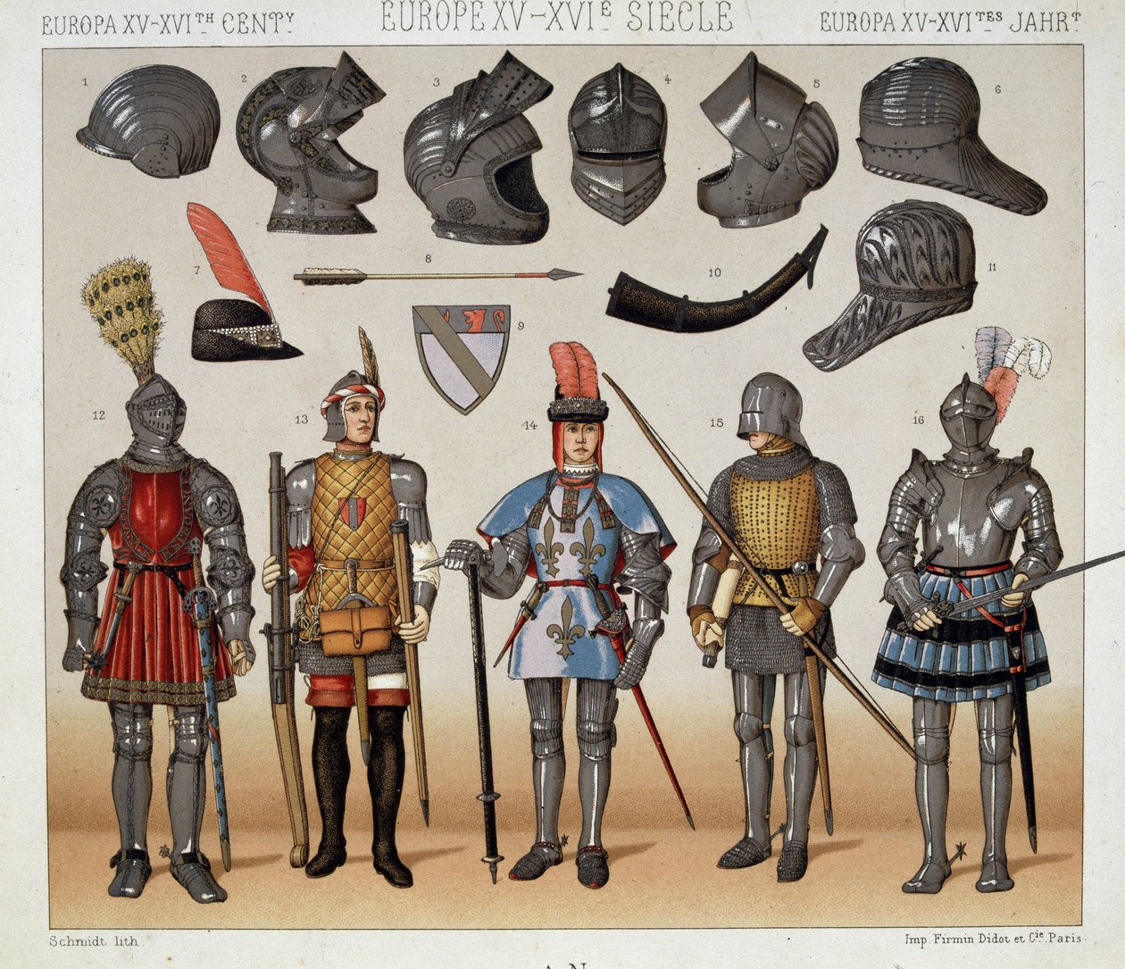 المحاربون في القرنين الخامس عشر والسابع عشر - في "" Le costume historyique "بقلم Racinet بواسطة ألبرت تشارلز أوغست راسينت