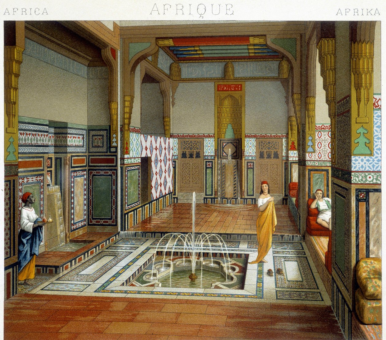 امرأة وخادمها بجوار نافورة في منزل في القاهرة (مصر). لوحة Chromolithographic - في "" Le costume historyique "" لـ Racinet بواسطة ألبرت تشارلز أوغست راسينت