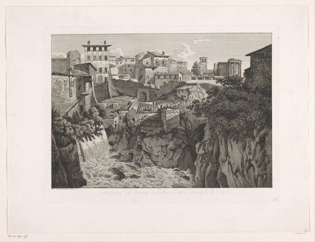 منظر تيفولي مع معبد فستا في الأفق Situazione del Tempio di Vesta a Tivoli dirimpetto la Cascata (العنوان على الكائن) Malerisch Radirte Prospekt aus Italien (عنوان السلسلة) بواسطة وفاة ألبرت كريستوف